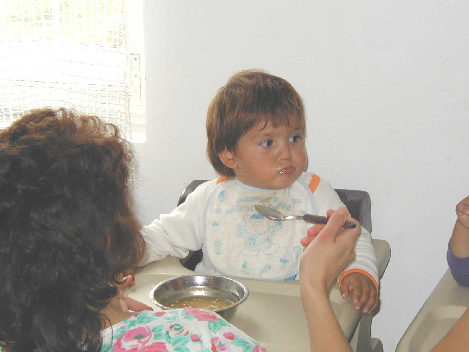 A caregiver feeding one of the babies.